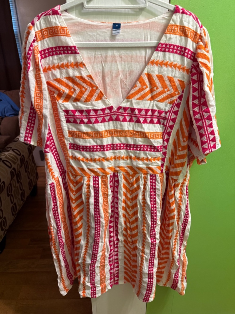 Old Navy White Dress with Pink & Orange Geometric Print